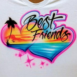 Custom Airbrush Best Friends Shirt | Tropical Sunset Matching Tee with Hearts & Ocean | Gift for BFFs or Vacation Keepsake