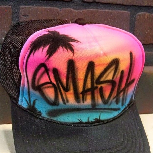 Custom Airbrushed Trucker Hat | Personalized Air brush / Graffiti style caps with YOUR NAME + colors | Beach sunset palm tree vacation ocean
