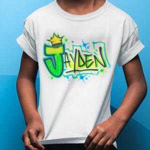 Graffiti Crown Name Shirt | Green and Blue Urban Tag Style Tee for Kids or Teens | Custom Streetwear or Hip Hop Dance Outfit