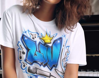 Airbrush Shirt Custom Name Tee: Retro Graffiti Art, Hand Airbrushed Cotton Blend (Personalized, Unisex Sizes Available)