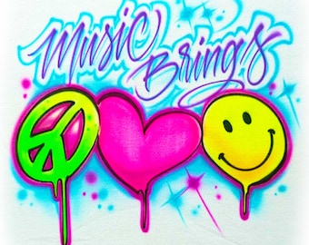 Peace Love Happiness Shirt | Music Festival Tee with Dripping Neon Icons & Hand Lettering | Rave, EDM or Positivity Outfit