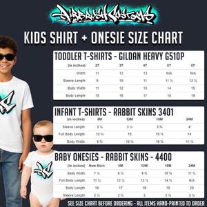 The image is a size chart for children's clothing, including toddler, infant, and baby onesies. It provides measurements for different age groups, such as toddlers, infants, and babies, along with corresponding shirt sizes. The chart is designed to help parents and caregivers determine the appropriate size for their child based on their age and height.