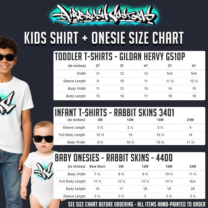 The image is a size chart for children's clothing, including toddler, infant, and baby onesies. It provides measurements for different age groups, such as toddlers, infants, and babies, along with corresponding shirt sizes. The chart is designed to help parents and caregivers determine the appropriate size for their child based on their age and height.