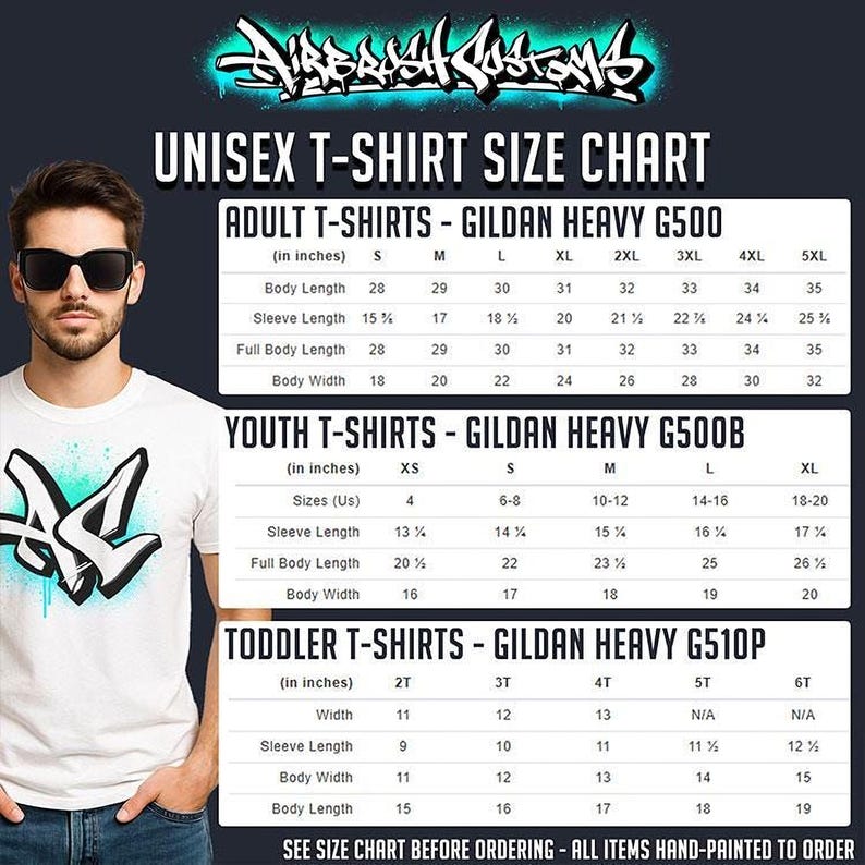 The image is a size chart for adult t-shirts and youth t-shirts, providing measurements for different sizes such as G500, G550, G600, and G650.