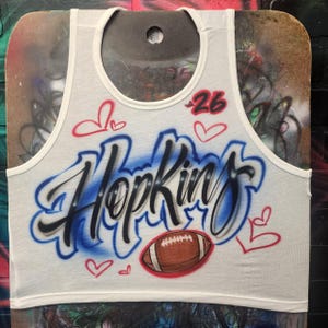 Custom Airbrush Football Crop Top – Graffiti Name Shirt with Hearts & Number | Sports Team Birthday Party Tank