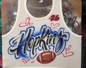 Custom Airbrush Football Crop Top – Graffiti Name Shirt with Hearts & Number | Sports Team Birthday Party Tank