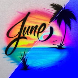 Custom Neon GLOW in the dark Beach Sunset Shirt | UV / Blacklight Airbrush Tee with Name & Palm Tree | Vacation or Cruise Party Outfit