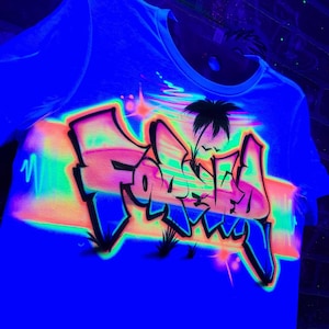 Custom UV Graffiti Forever Shirt | Glow-in-the-Dark Tropical Airbrush Tee with Palm Tree & Sunset Fade | Neon Party or Beach Outfit
