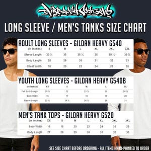 The image is a size chart for men's clothing, including long sleeves and tank tops. It provides the sizes and measurements for three different types of shirts: adult long sleeves, youth long sleeves, and men's tank tops. The chart is designed to help customers determine the appropriate size based on their body measurements.