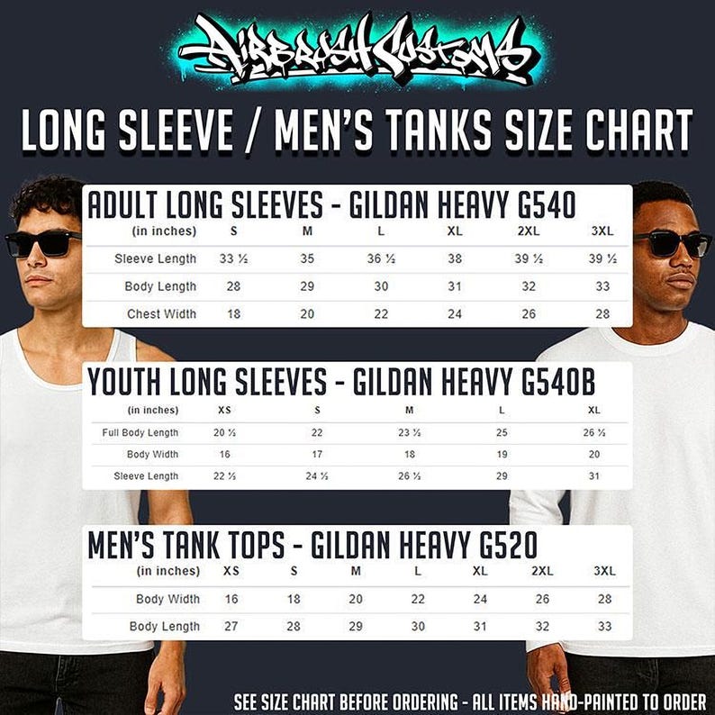 The image is a size chart for men's clothing, including long sleeves and tank tops. It provides the sizes and measurements for three different types of shirts: adult long sleeves, youth long sleeves, and men's tank tops. The chart is designed to help customers determine the appropriate size based on their body measurements.