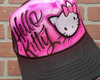 Cute Kitty Trucker Hat | Hello Cat Pink Graffiti Style Airbrush Cap with Kawaii Cartoon Graphic | Custom Name or Phrase Option