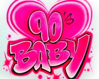 90s Baby Shirt | Hot Pink Heart Graffiti Tee with Bubble Letters & Sparkles | Y2K Birthday or Retro Party Outfit