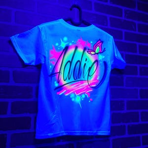 Custom Neon GLOW in the dark Butterfly Name Shirt | UV / Blacklight Airbrush Tee for Girls | Personalized Neon Birthday or Party Outfit