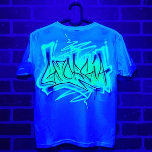 Custom Neon GLOW in the dark Wildstyle Graffiti Shirt | UV / Blacklight Airbrush Tee with Name | Personalized Streetwear or Dance Outfit