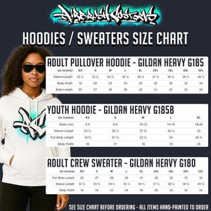 The image is a size chart for hoodies and sweaters, featuring three different styles: an adult pullover, a youth hoodie, and an adult crew sweater. The chart provides the size information for each style, including the adult pullover, youth hoodie, and crew sweater.