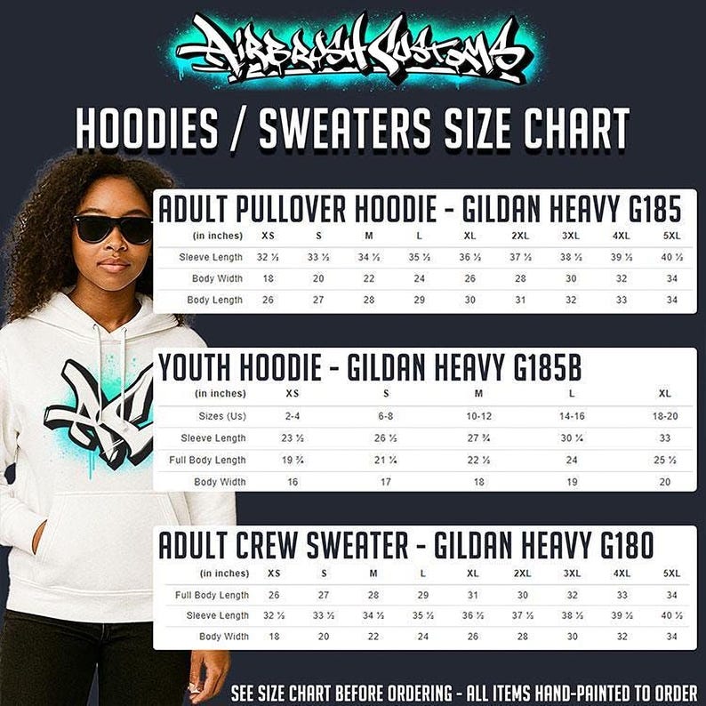 The image is a size chart for hoodies and sweaters, featuring three different styles: an adult pullover, a youth hoodie, and an adult crew sweater. The chart provides the size information for each style, including the adult pullover, youth hoodie, and crew sweater.