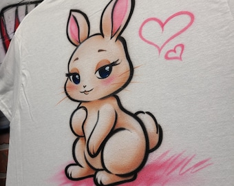 Hand-Painted Cute Bunny Shirt with Hearts | Customizable Airbrush Rabbit T for Women + Girls | Pastel Animal Character Gift or Easter Outfit