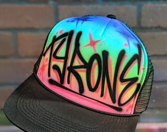 Custom Airbrushed Trucker Hat | Personalized Air brush / Graffiti style caps with YOUR NAME + colors | Rainbow Colorful Graffiti Tag urban