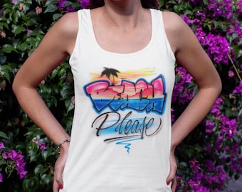 Custom Airbrush Beach Please Shirt | Funny Vacation Tee with Sunset Graffiti & Palm Tree | Tropical Cruise or Beach Trip Outfit