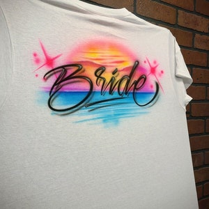 Airbrushed Beach Sunset Vacation T shirt with custom bachelorette names