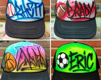 Custom Airbrush Sports Graffiti Trucker Hat | Personalized Airbrush Name Cap with Choice of Sport | Baseball, Football, Basketball, Soccer +