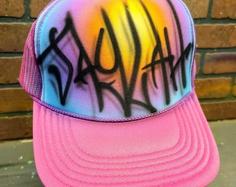Personalized Graffiti Name Trucker Hat | Colorful Custom Airbrush Streetwear Cap | Urban Style Mesh Hat