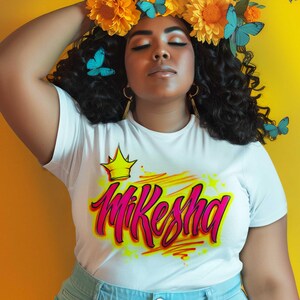 Airbrush Name Shirt with Crown for Girls | Hot Pink Script Tee with Yellow Glow & Gold Crown | Birthday or Baddie Energy Fit