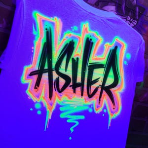 Custom Neon GLOW in the dark Graffiti Name Shirt | UV / Blacklight Airbrush Tee with Tag Style Name | Personalized Rave or Streetwear Look