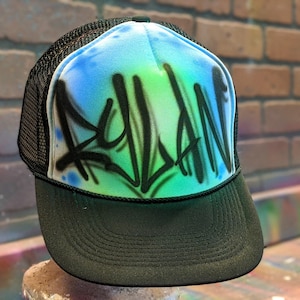 Custom Graffiti Trucker Hat | Personalized Airbrush Name Cap with Multicolor Gradient | Mesh Back Urban Streetwear Hat