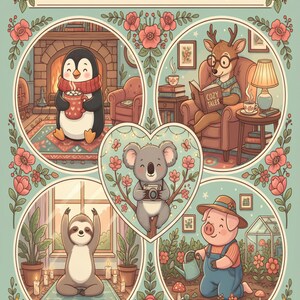 May include: A detailed coloring book featuring cozy animals, including a penguin with a mug, a deer reading, a koala with a camera, a sloth doing yoga, and a pig gardening. The text says "Download instantly in PDF".