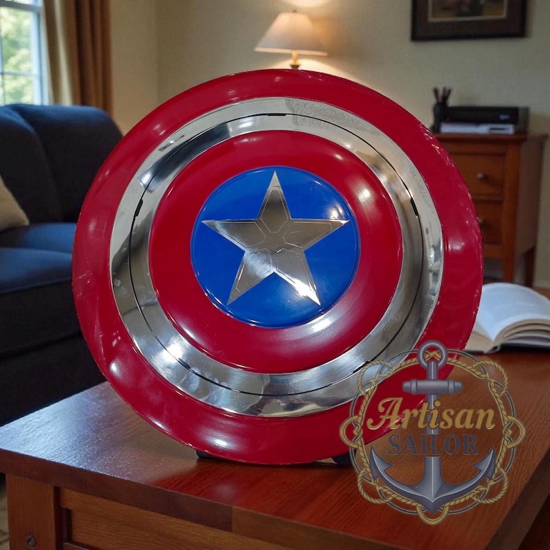 Captain America shield replica, metal wall decor with red/white/blue and star; engraved outer ring, personalized cosplay gift.