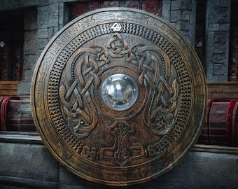 Scudo vichingo in legno intagliato a mano – Valknut e Mjolnir, cosplay norreno, arte murale in legno intagliato