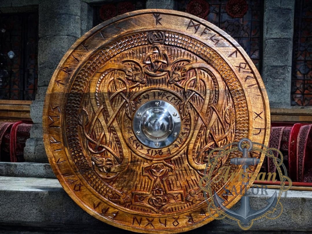 Ss Runes Shield Hand Carved Viking Wooden Shield – Sleipnir & Runes Design, Wall Decor ...