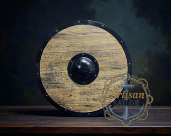 Scudo vichingo in legno fatto a mano – Decorazione da parete in legno naturale con guerriero
