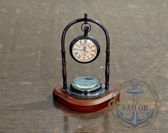 Handmade Brass Clock with Compass – Nautical Vintage Decor