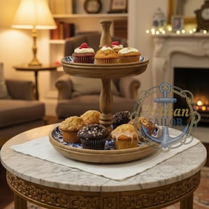 Puede incluir: Un soporte de madera de dos niveles que muestra una variedad de magdalenas. El nivel superior contiene magdalenas con glaseado blanco y frambuesas. El nivel inferior tiene varias magdalenas en un plato con estampado azul y blanco.