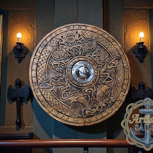 Escudo vikingo de cuervo tallado a mano – Decoración nórdica para pared, coleccionable, regalo, cosplay – Varios tamaños