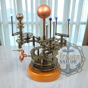 Handcrafted Brass Orrery Solar System with Marble Planets | 17" Mechanical