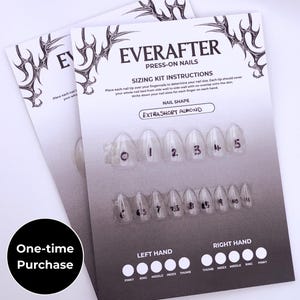 Könnte beinhalten: Zwei Packungen Everafter Press-On-Nails-Größen-Kits. Die Kits enthalten extra kurze mandelförmige Nägel, die zur Größenbestimmung nummeriert sind. Die Verpackung enthält Anweisungen und eine Nagelschieber. Der Text "One-time Purchase" ist ebenfalls sichtbar.