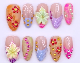 Summer Festival Press On Nails van medium amandel met gekleurde strassteentjes