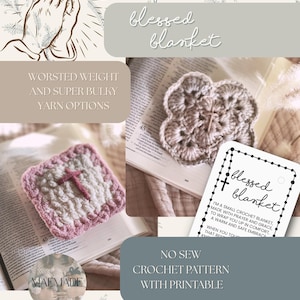 Op de afbeelding: Afbeelding van een gehaakte deken met een kruisontwerp, samen met een kaart met de tekst "blessed blanket". De afbeelding bevat ook tekst met "Worsted Weight and Super Bulky Yarn Options" en "No Sew Crochet Pattern with Printable".