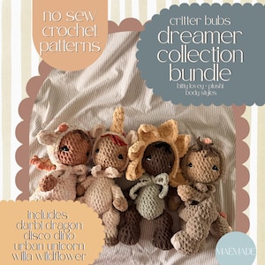 May include: A selection of crocheted plush toys in animal designs, including a lamb, a bear, a lion, and a bunny. The toys are in neutral colours and are part of the "Dreamer Collection Bundle". The image also includes text that says "no sew crochet patterns".