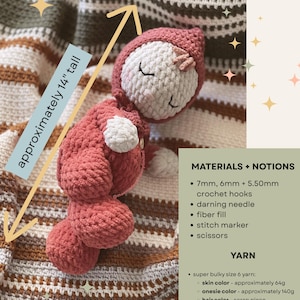 May include: A handmade, approximately 14-inch tall, crocheted doll in a hooded outfit. The doll features a white face with closed eyes and a pink bonnet. The body is a matching pink color. The image also lists materials and yarn details.