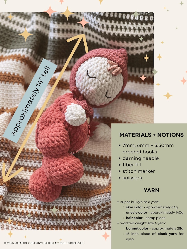 May include: A handmade, approximately 14-inch tall, crocheted doll in a hooded outfit. The doll features a white face with closed eyes and a pink bonnet. The body is a matching pink color. The image also lists materials and yarn details.