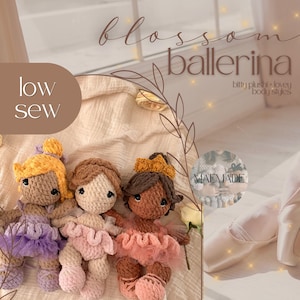 May include: Three handmade crochet ballerina dolls with different skin tones and hair colors. Each doll wears a tutu and ballet slippers. The image includes the text "Blossom Ballerina" and "low sew".