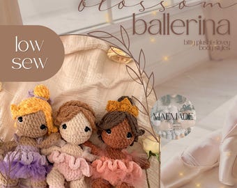Puede incluir: Tres muñecas de bailarina de ganchillo hechas a mano con diferentes tonos de piel y colores de cabello. Cada muñeca lleva un tutú y zapatillas de ballet. La imagen incluye el texto "Blossom Ballerina" y "low sew".