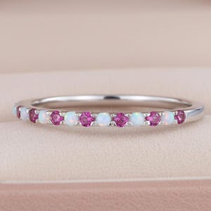 Opal and Ruby Eternity Band • Dainty White Gold Stacking Ring, Engagement Jewelry for Women