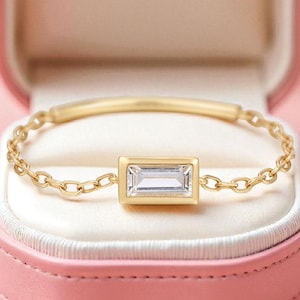 14Kソリッドゴールドモアッサナイトチェーンリング（女性用）、繊細でミニマルなスタッキングリング、上品なギフト