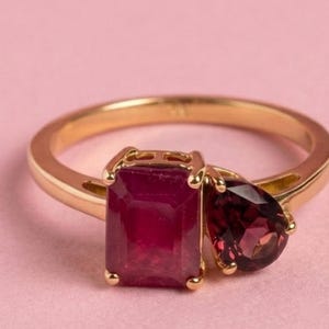 Toi Et Moi Custom Two Stone Birthstone Ring, Ruby & Garnet personalized family Promise Ring
