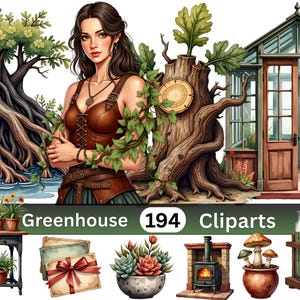 May include: A digital collection of 194 cliparts featuring a person in a brown leather bodice, a large tree with exposed roots, a greenhouse, a wooden table with potted plants, stacked envelopes with a red ribbon, succulents, a stove, and glass bottles.